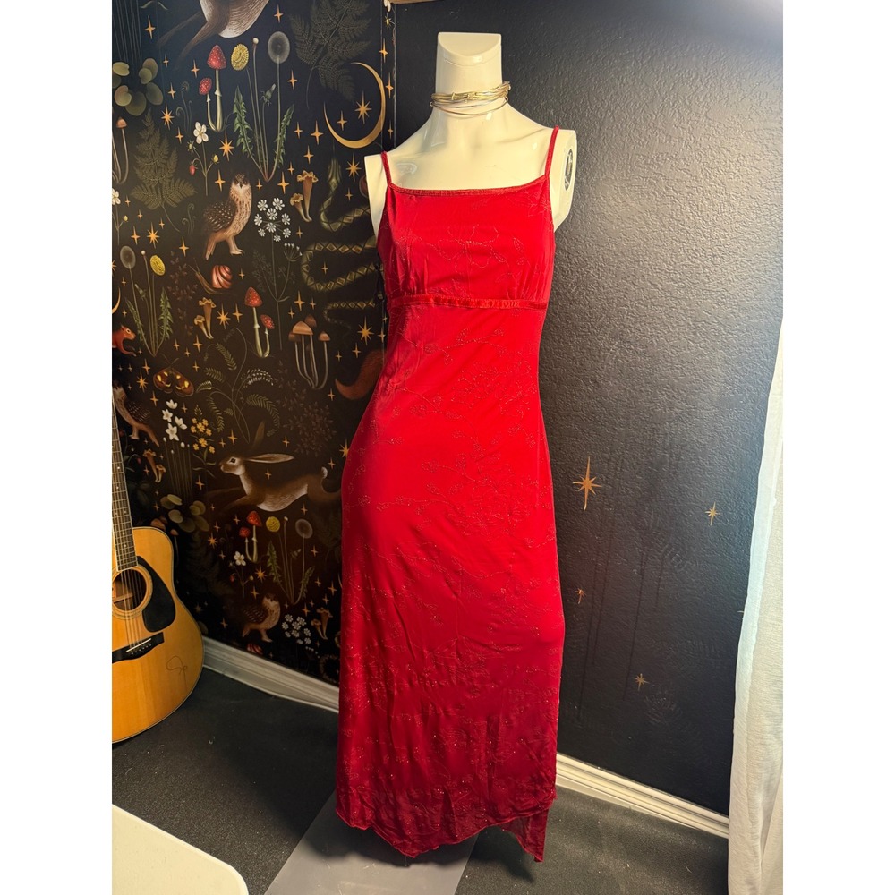 Y2K Candy Rocket Red Glitter Floral Mesh Maxi Dress Empire Waist